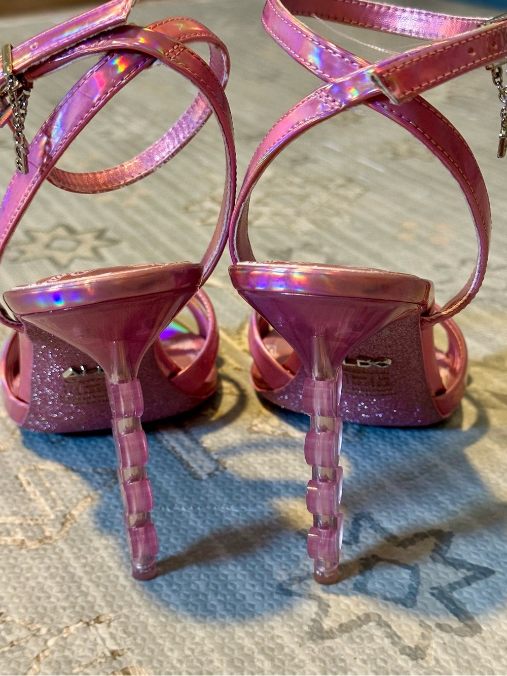 BARBIE x Aldo Pink Holographic Strappy Heel with Heart-Shaped Stacked Heel - Picture 6 of 9
